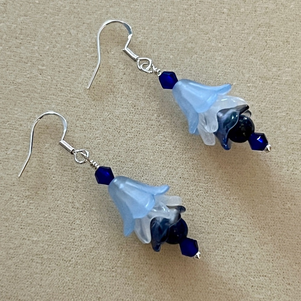 New Beautiful Blue Crystal & Lapis Lazuli Cornflower Earrings With Silver Hooks